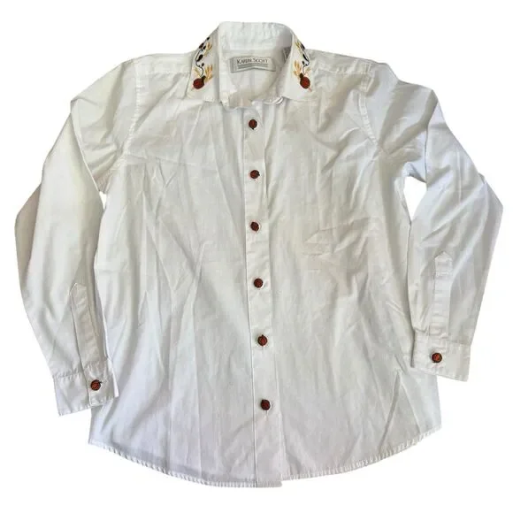 Vintage white button down with autumn embroidered trim Pumpkin Buttons‎ Small - Picture 13 of 16